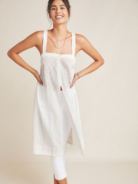 Anthropologie Tops - Anthropologie Gauzy Cotton Swiss Dot Tank Top Slits Sides Tunic Dress White NWT